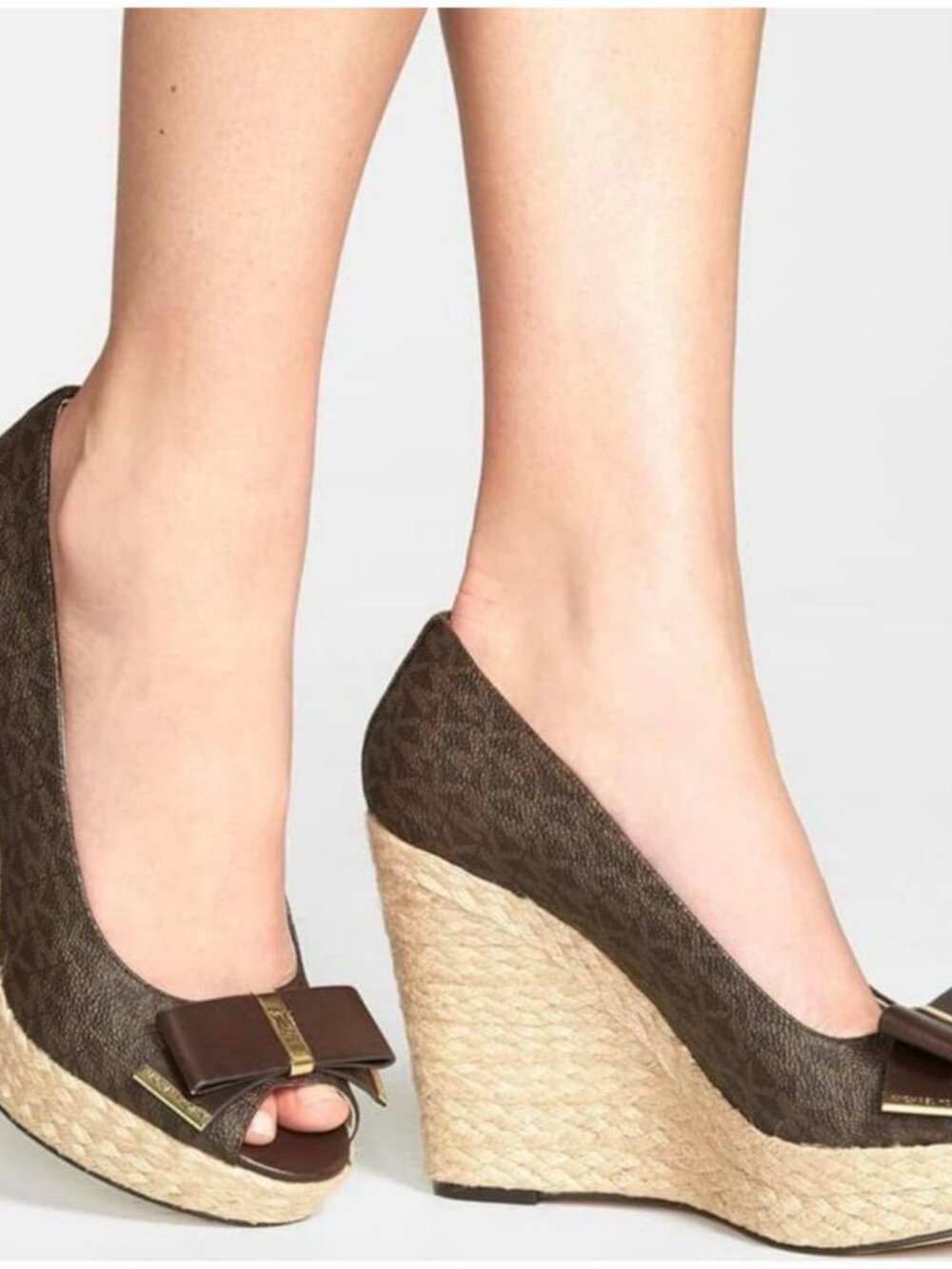 MICHAEL Michael Kors Brown Peep-Toe Espadrille Wedge with Bow Size 7